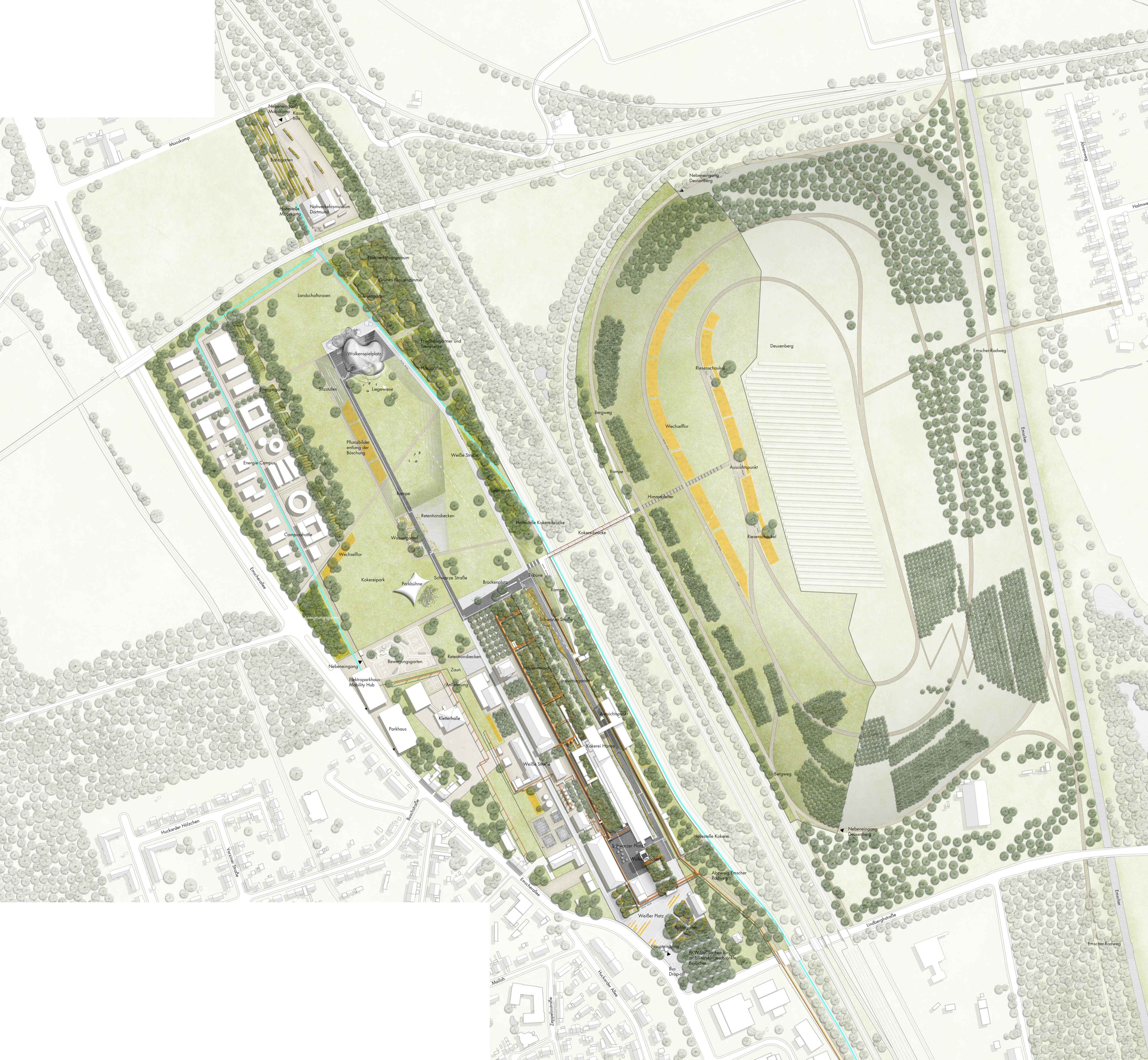 Siegerentwurf "Wolkenspielplatz" (Plan) im Wettbewerb für Zukunftsgarten "Emscher nordwärts" in Dortmund für die IGA 2027.