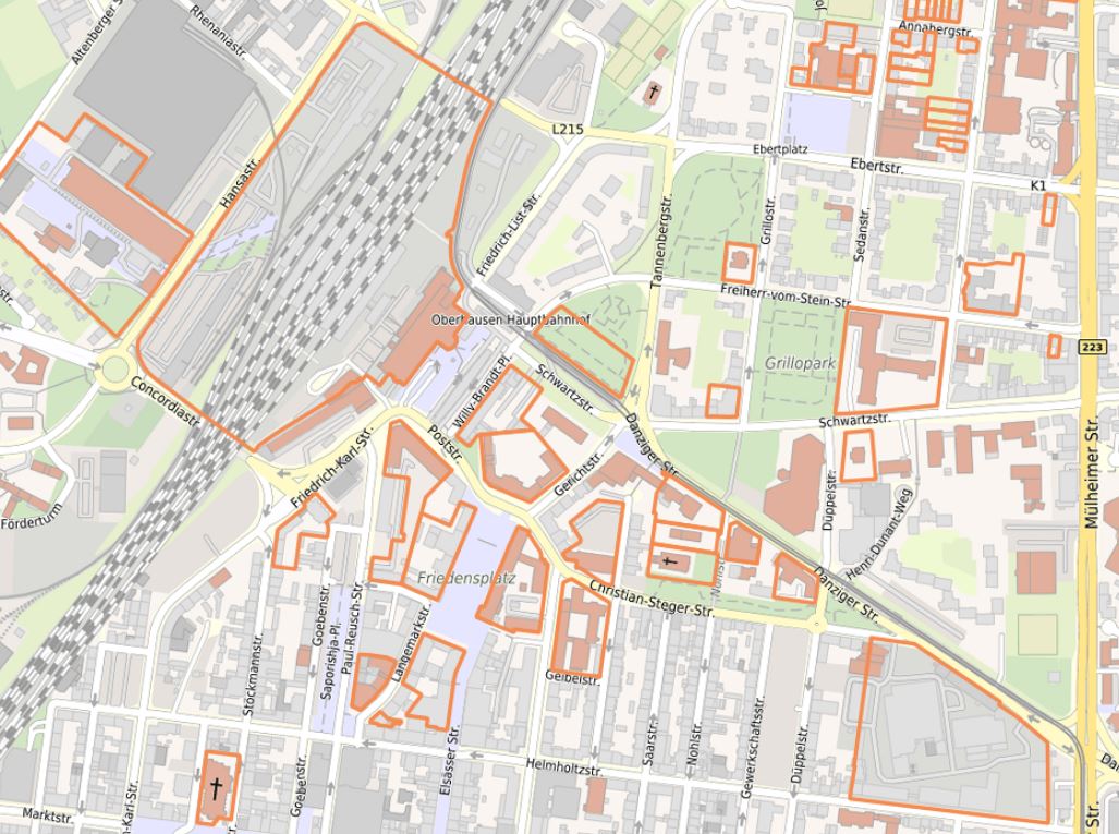 Kartografische Darstellung der Denkmäler in Oberhausens Innenstadt und angrenzendem Bahnhofsviertel.