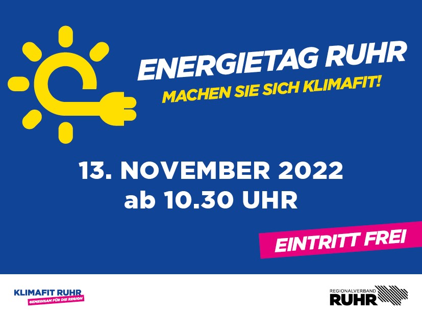 Banner mit Sonne und der Aufschrift Energietag Ruhr am 13.11.2022 ab 10 Uhr
