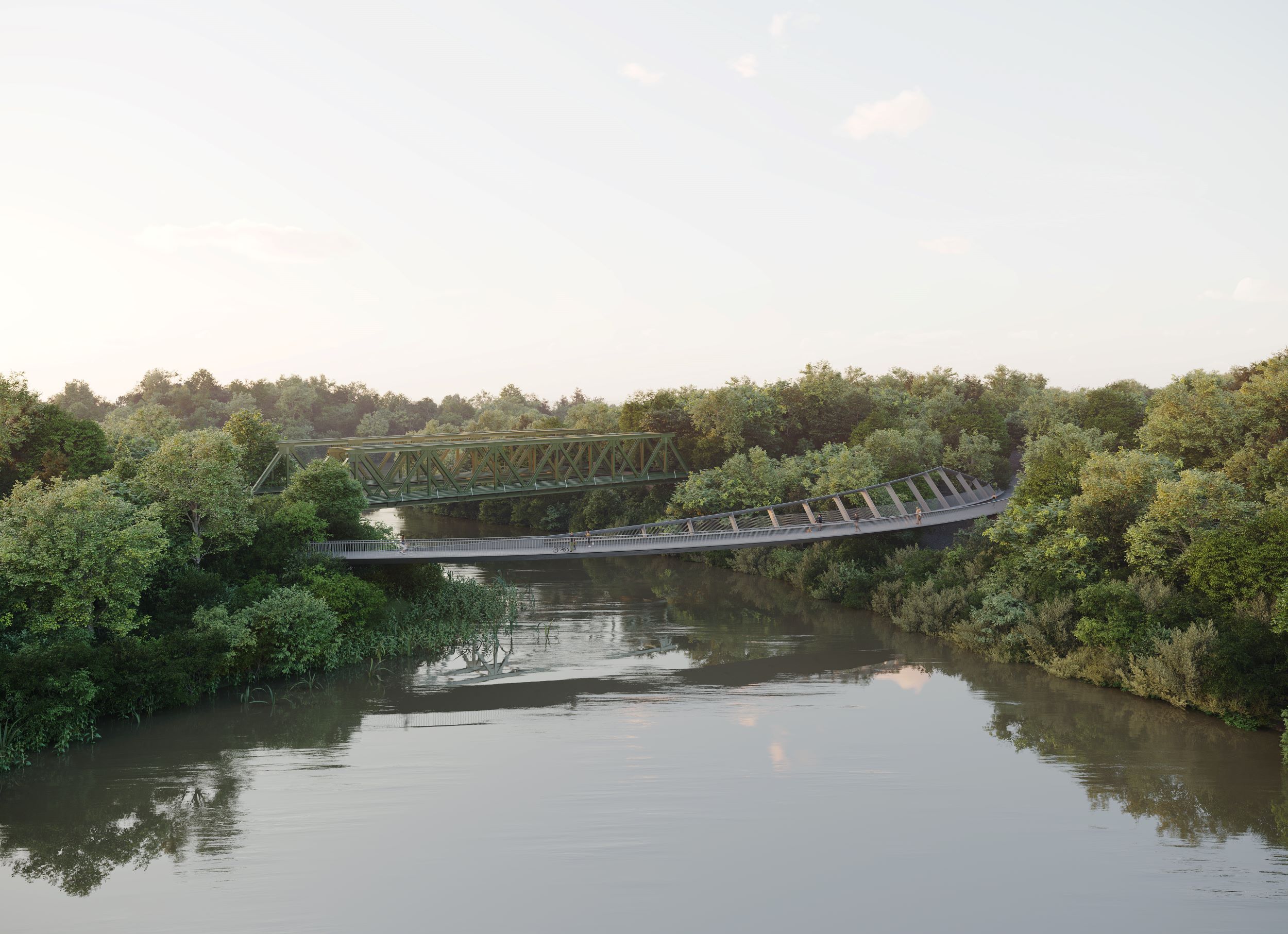 Visualisierung der Brücke, die über die Lippe führt. Links und rechts sind Bäume direkt am Ufer.