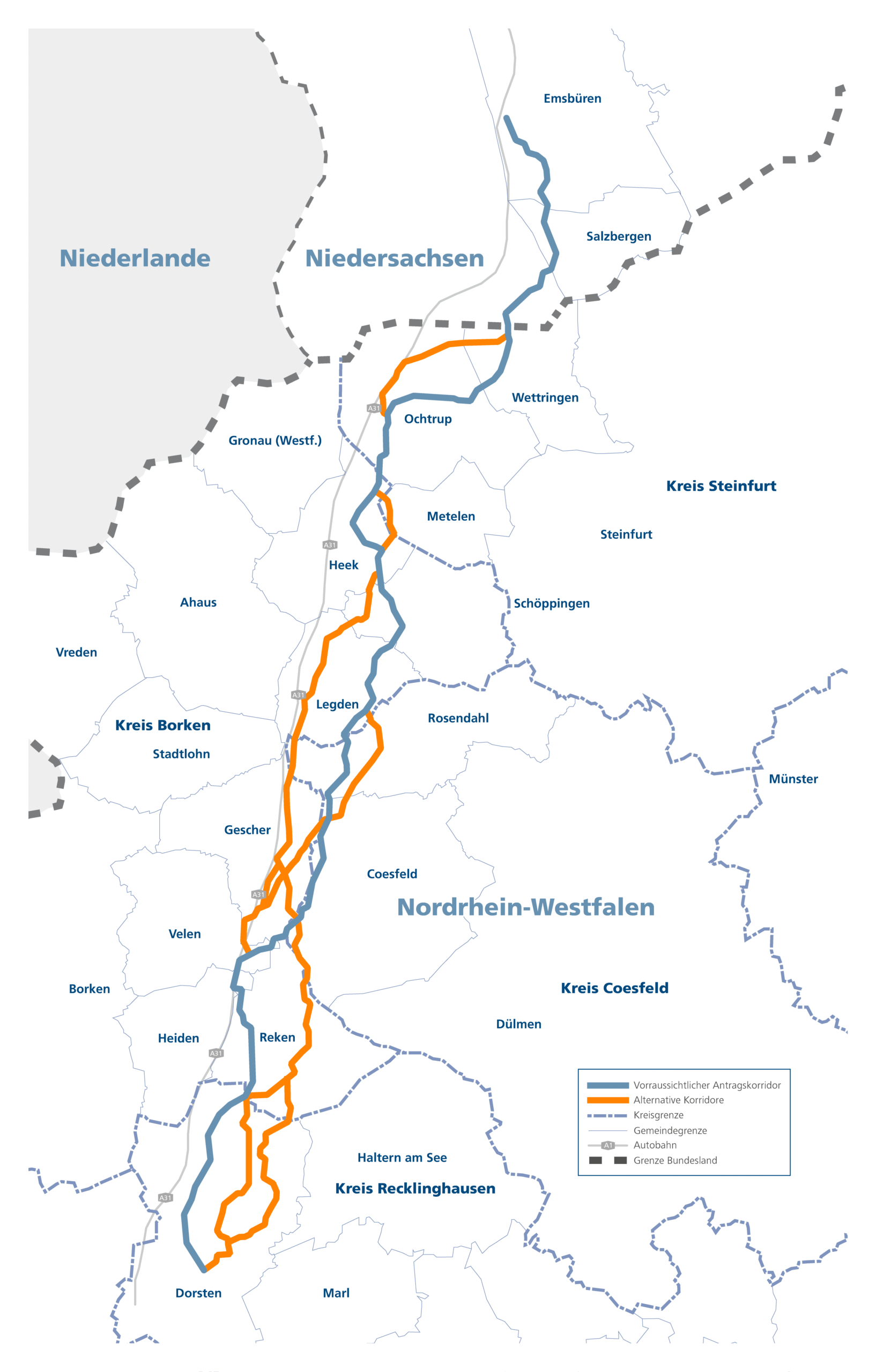 Projektkarte zum geplanten Neubau einer Wasserstoffleitung zwischen Emsbüren in Niedersachsen und Dorsten im Kreis Recklinghausen.