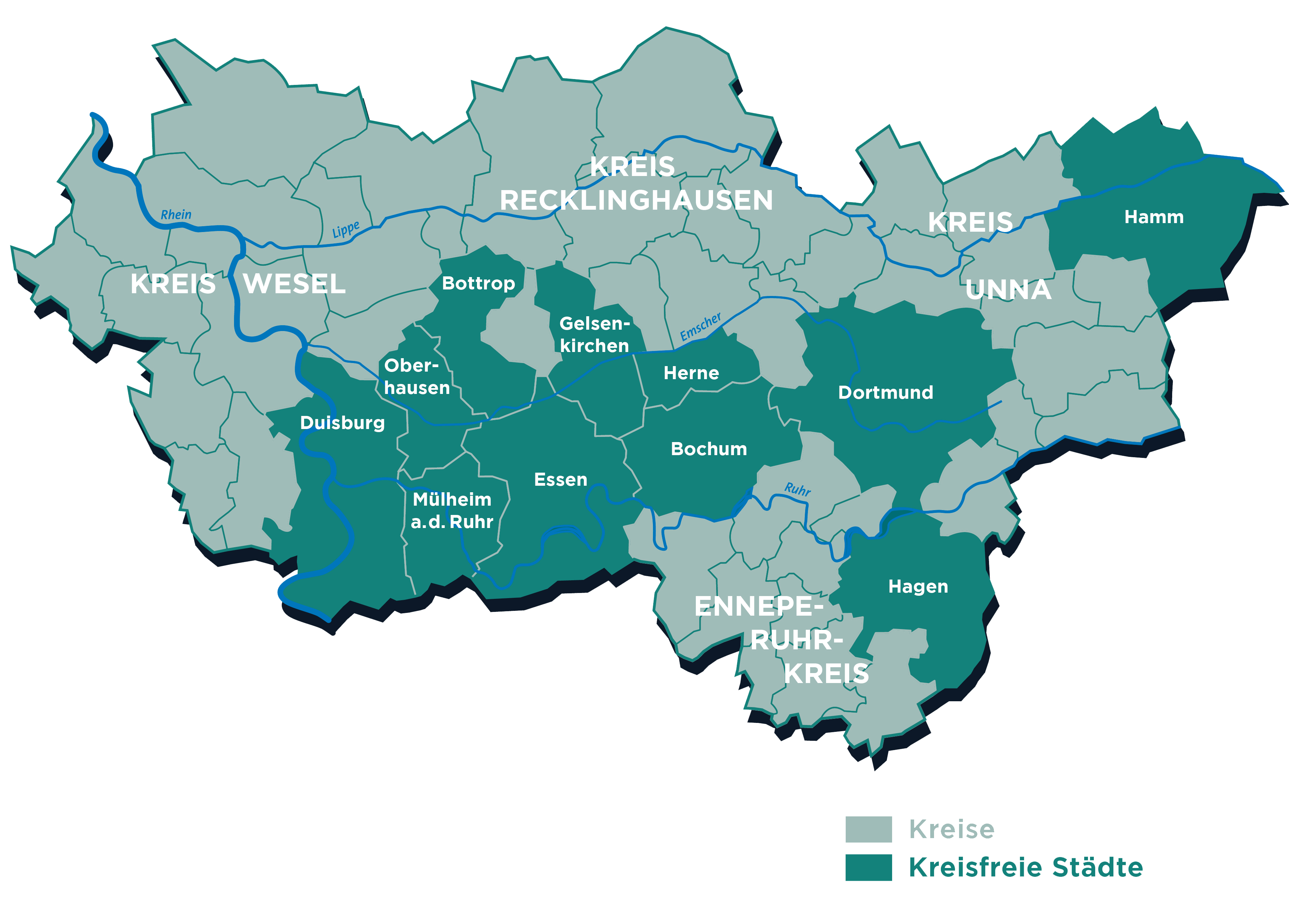 Die elf Städte und vier Kreise der Metropole Ruhr in der Kartendarstellung.
