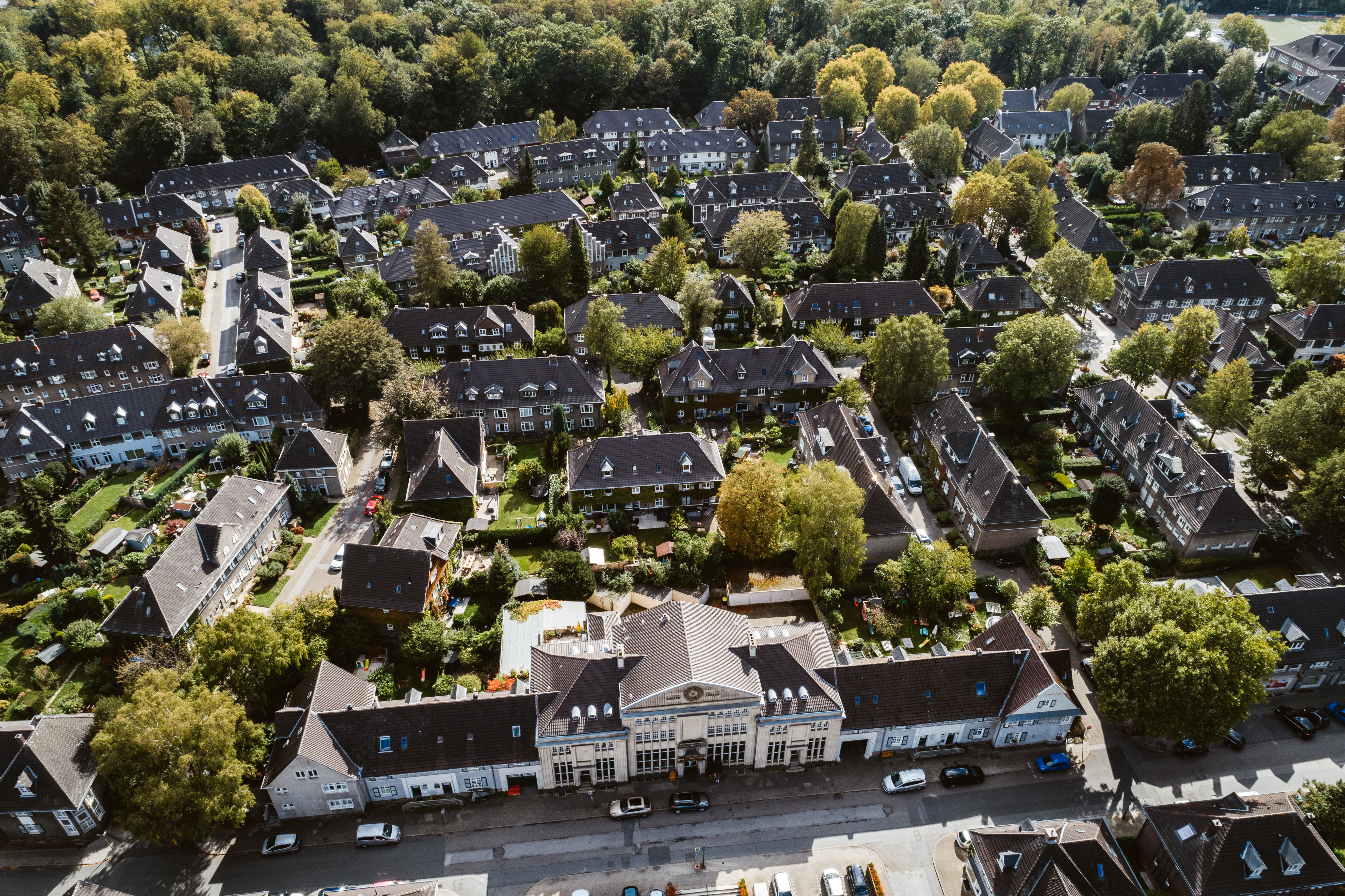 Die Siedlung Margarethenhöhe in Essen, Luftaufnahme.