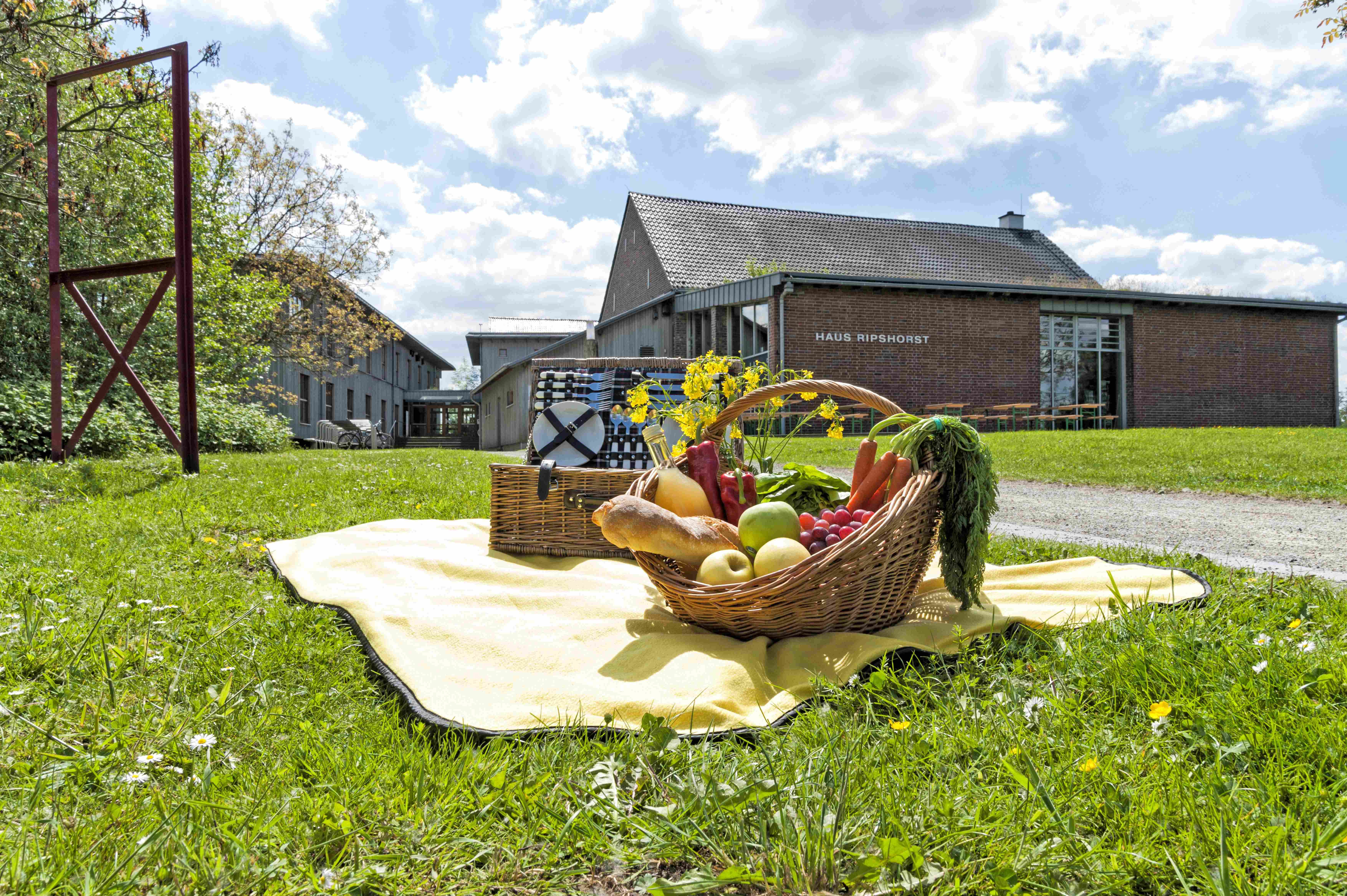 Ein Picknick mit Obst und ein Korb mit Geschirr auf einer Decke vor dem Haus Ripshorst