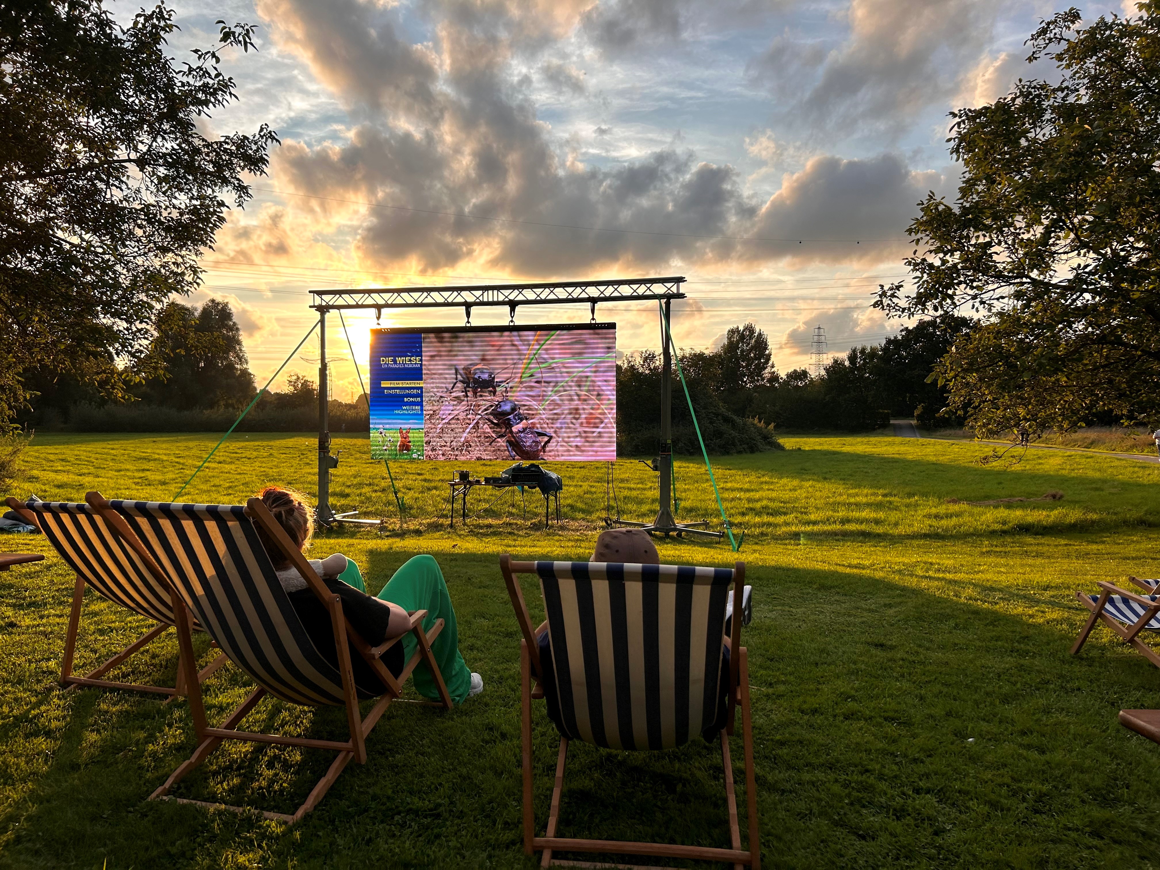 Zwei Liegestühle im Vordergrund. Darauf sitzen zwei Personen und schauen auf einer großen Leinwand einen Film auf einer Wiese.